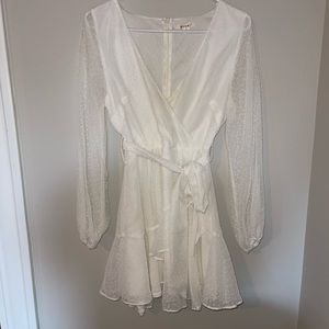 Sheer long sleeves white ruffle wrap dress